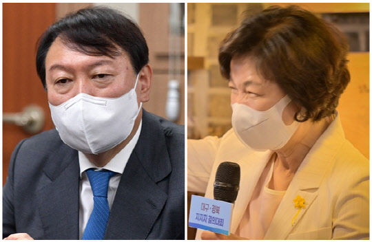 윤석열(왼쪽) 전 검찰총장과 추미애 전 법무부 장관. 추미애 캠프 제공, 연합뉴스